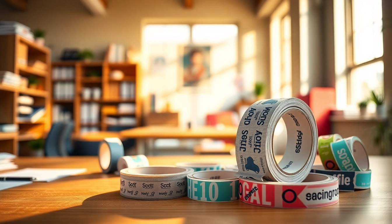 Scotch personalizzato con logo stampato in un ambiente lavorativo creativo e professionale.