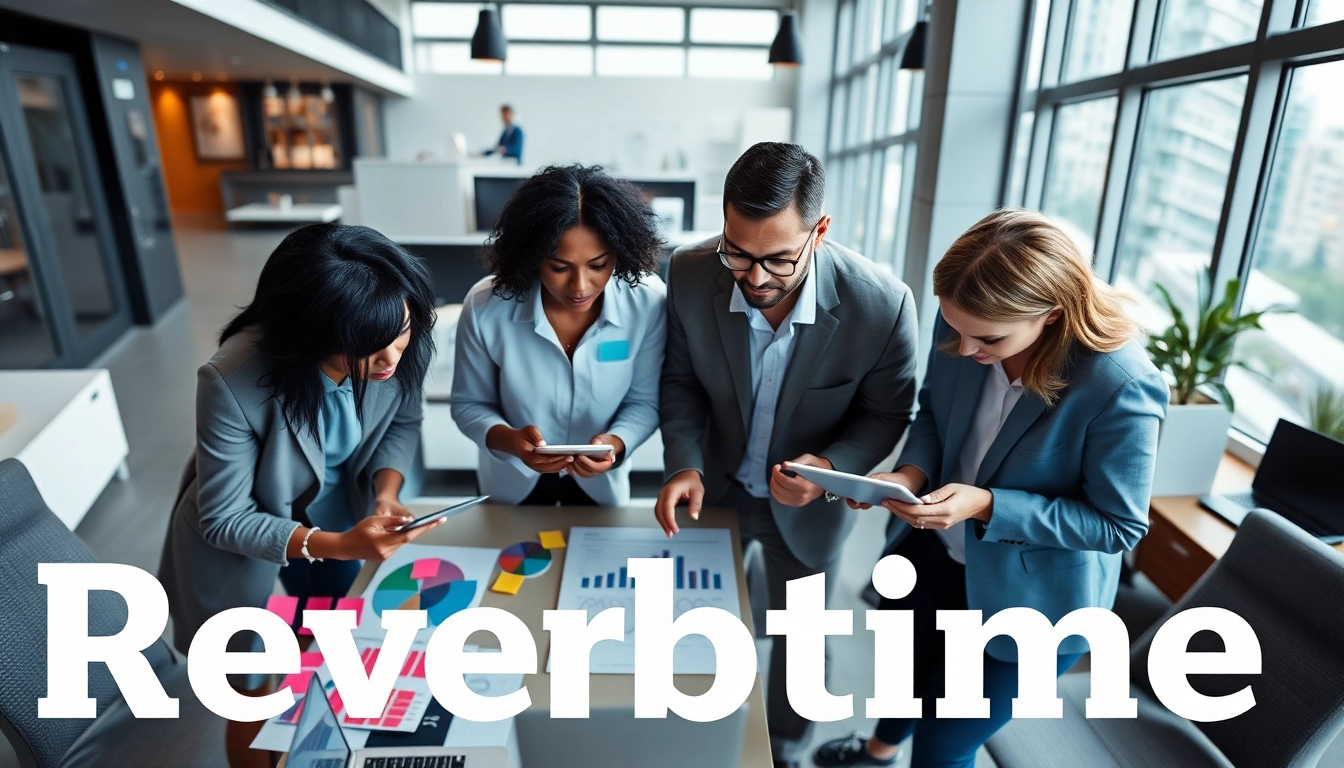 Showcase of Reverbtime Magazine highlighting collaborative professionals in a modern workspace.
