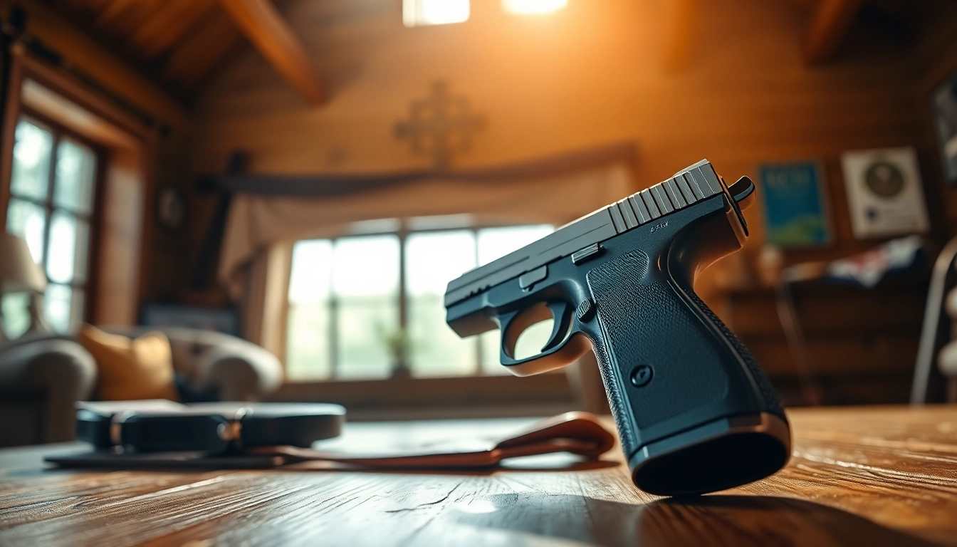A 9mm pistol showcased on a wooden table, emphasizing its craftsmanship and sleek design.