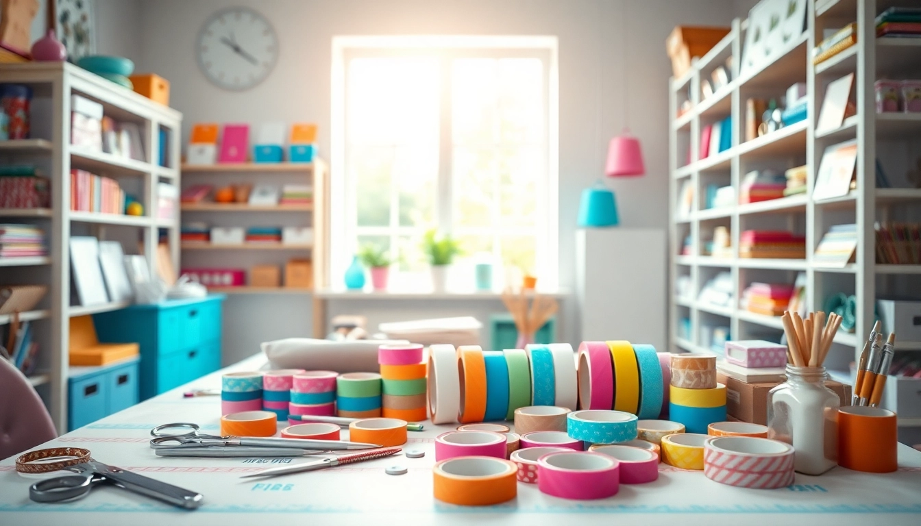 Crafting with vibrant washi tape rolls on an artistic workspace filled with tools.