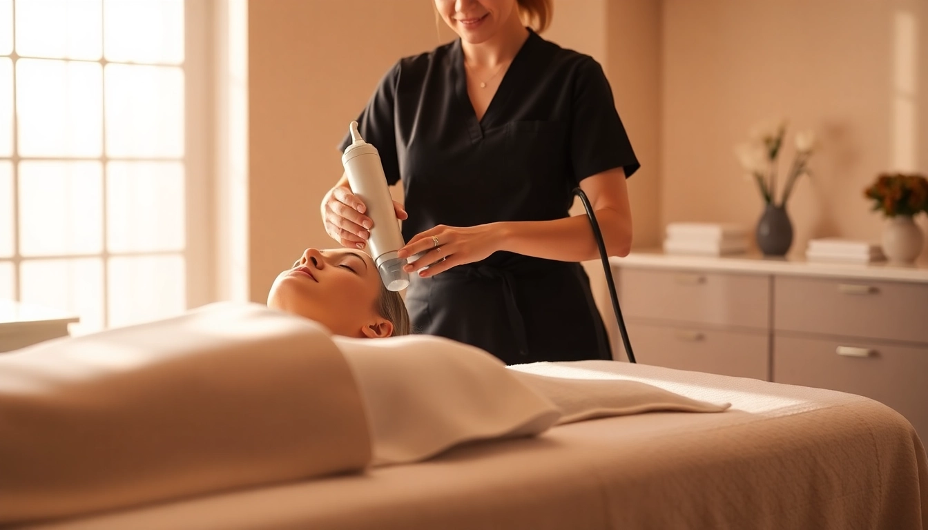 Client enjoying a hydrafacial treatment that reveals glowing skin in a tranquil spa.
