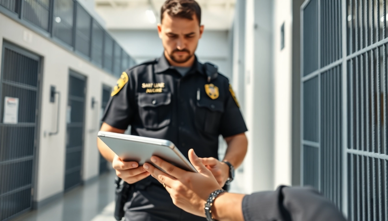 Engaging in a santa ana jail inmate search, an officer reviews inmate records in a modern facility setting.
