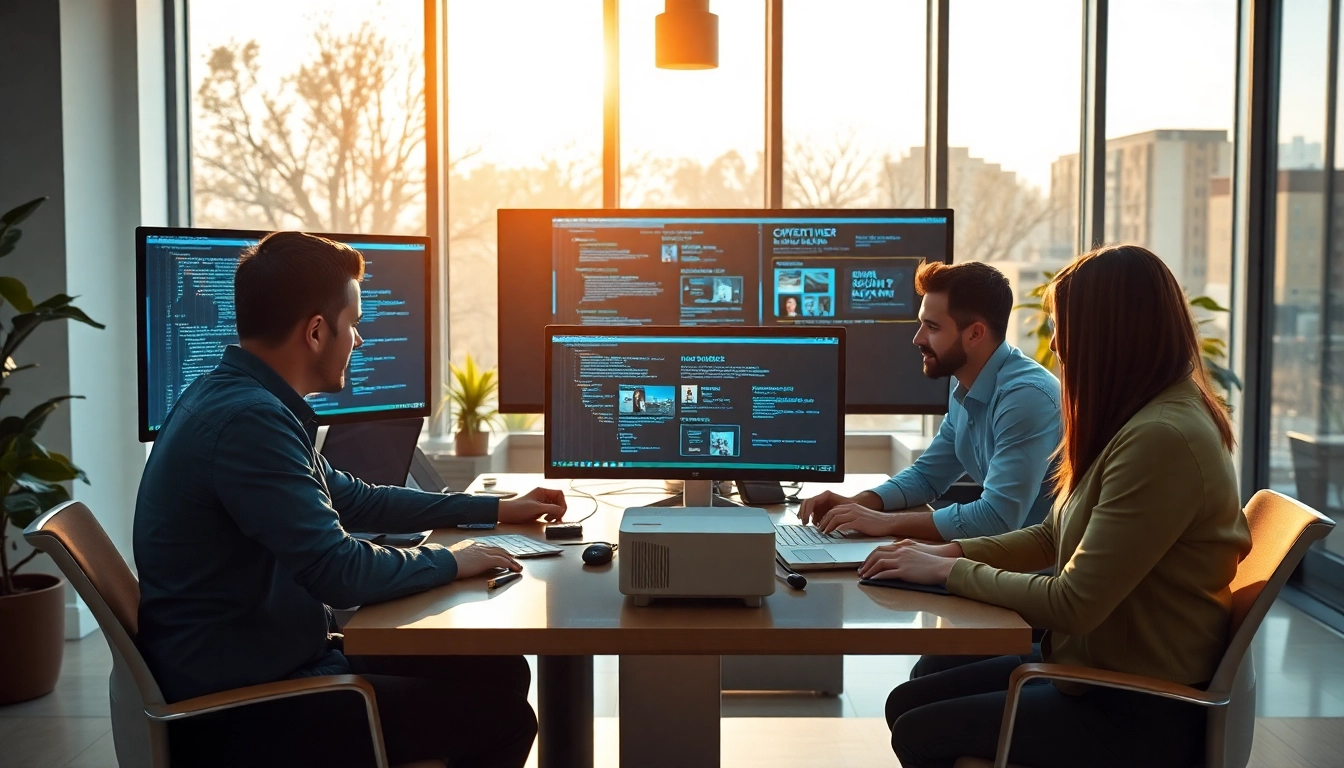 Web development team working collaboratively on website designs in a modern office.