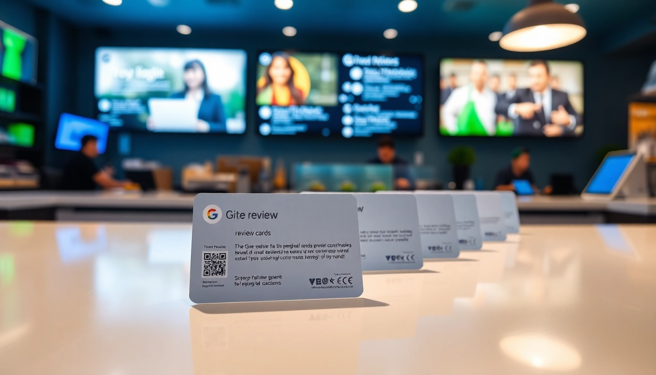 Promote reviewcardsgoogle with an engaging display of QR-enabled review cards in a modern business setting.