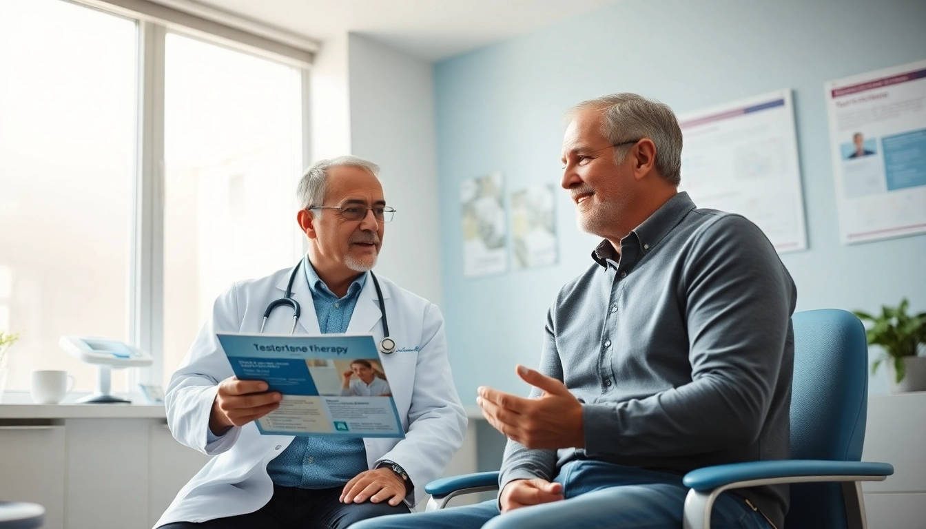 Doctor explaining Testosterone Replacement Therapy to a patient in a bright medical office.