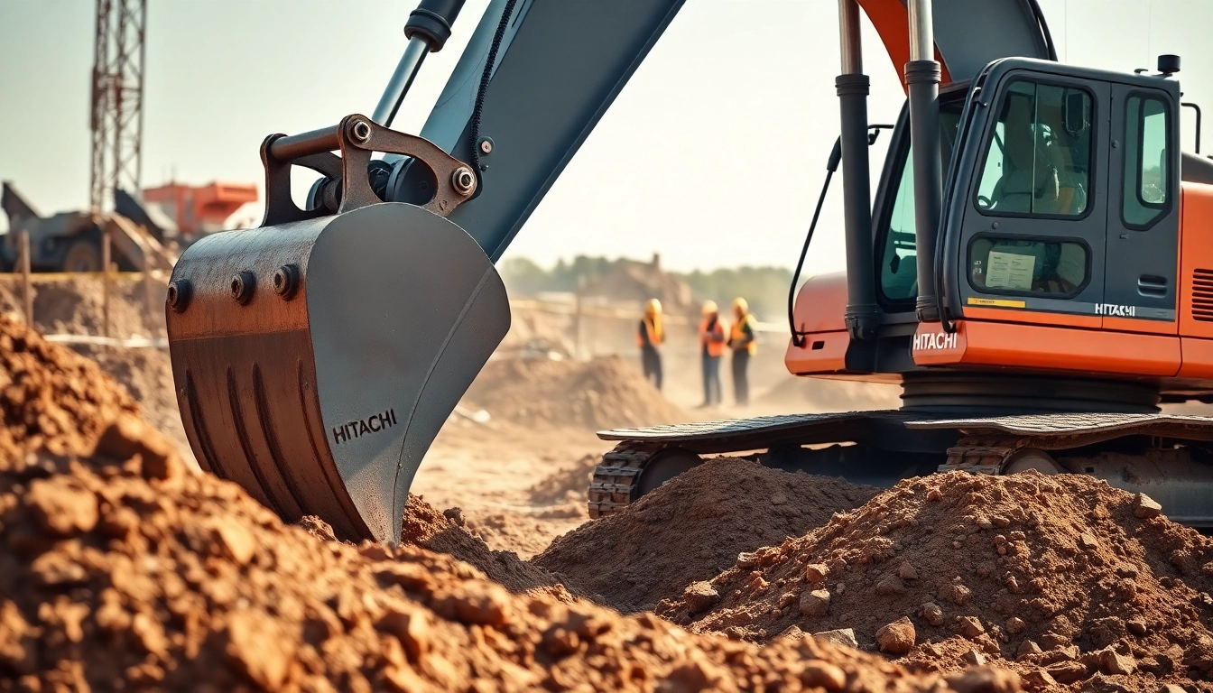 Hitachi excavator digging at a construction site, showcasing powerful machinery in action.