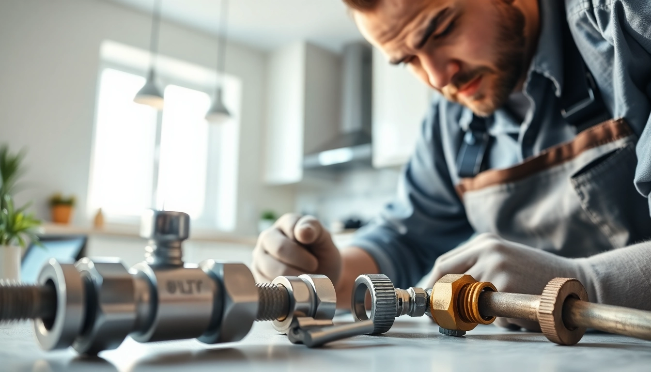 Emergency water leak repair Phuket featuring a plumber fixing a pipe with tools in a bright kitchen.