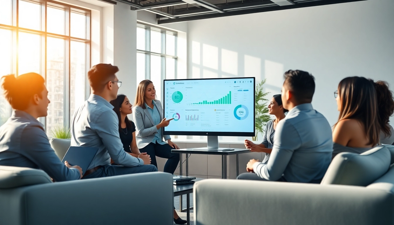 Visualize Subscription Membership Software with professionals collaborating over analytics in a modern office.