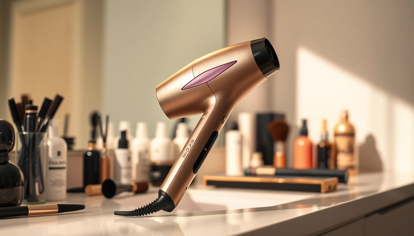 Stylish hair dryer elegantly positioned on a vanity, showcasing its sleek design and features.
