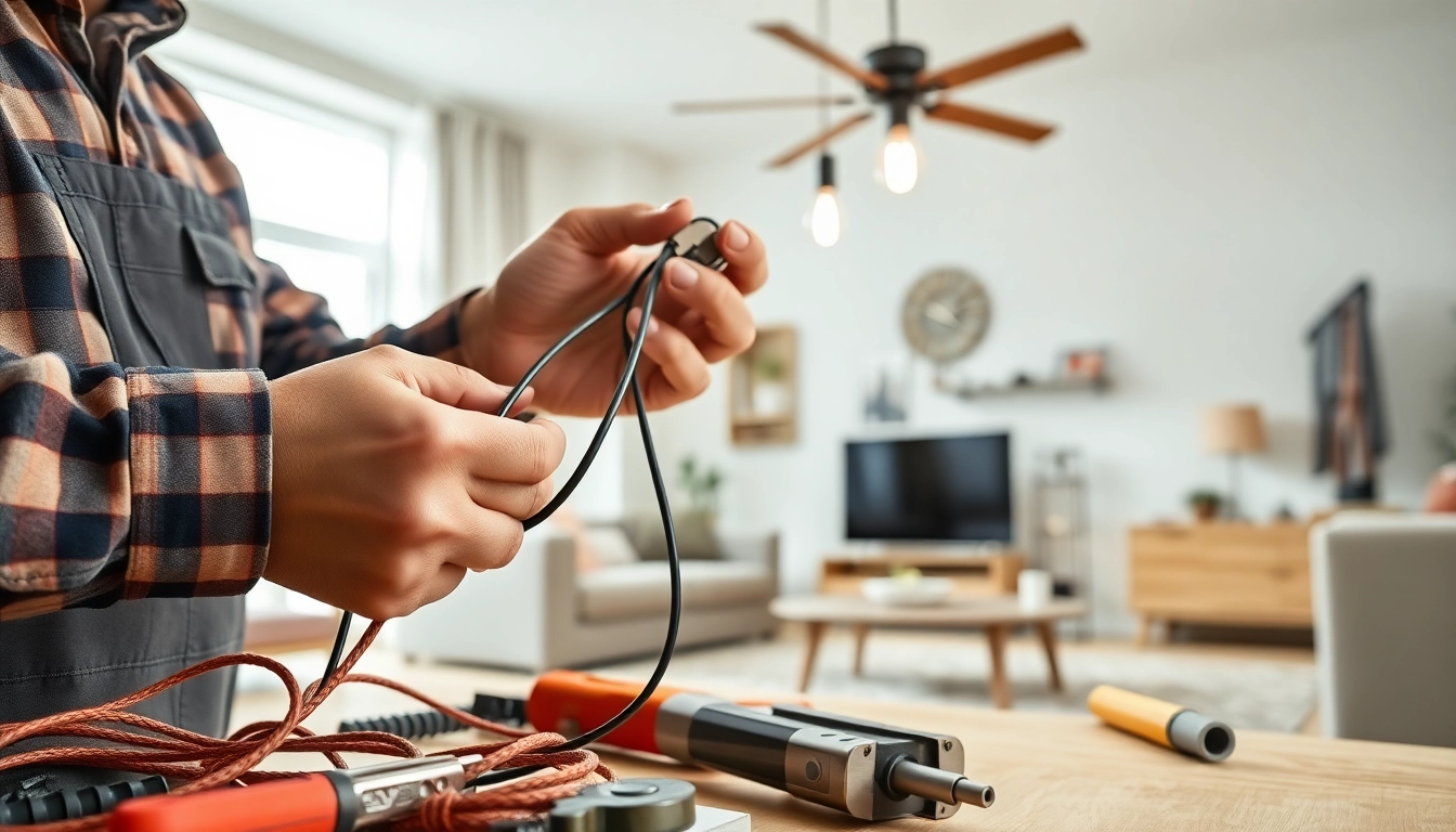 Electrician expertly installing modern lighting fixtures in a beautifully decorated home setting.