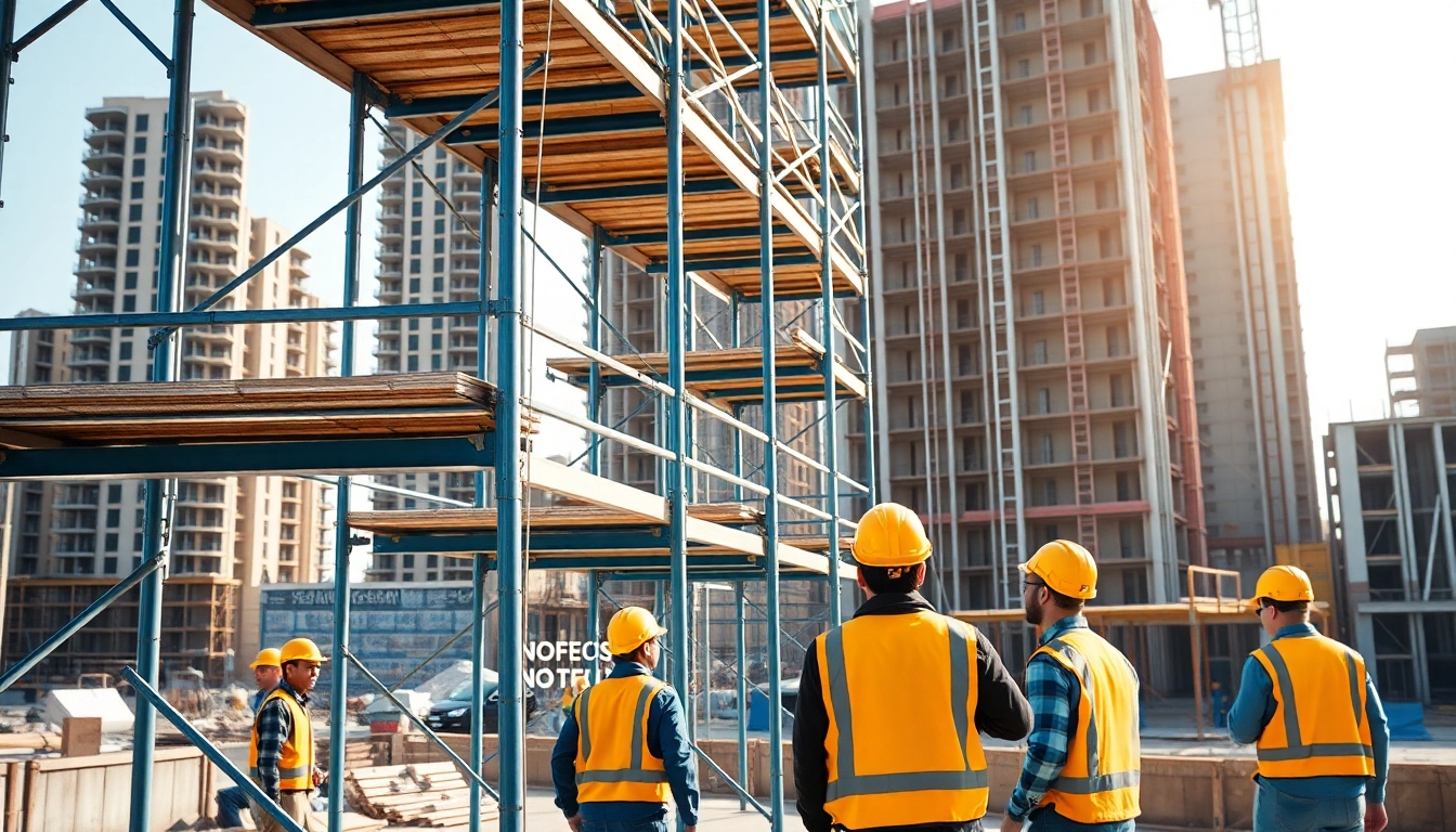 Workers installing Whangarei scaffolding in a busy construction environment.