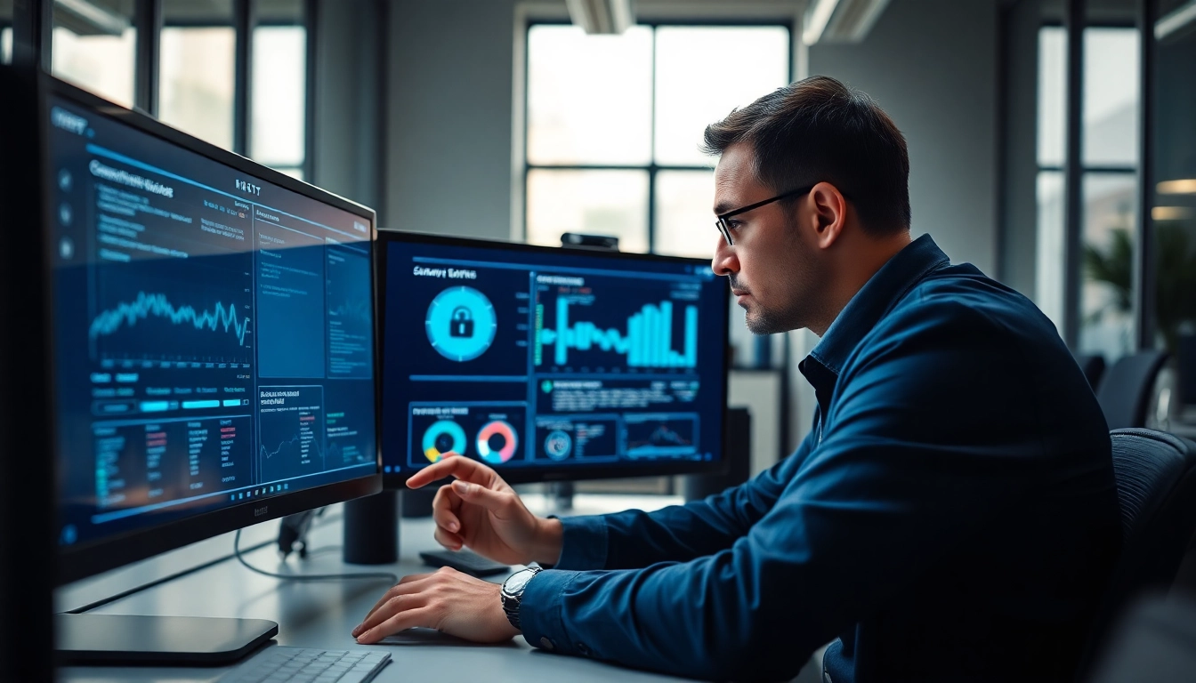 Pentesting Analyse durch einen Cybersecurity-Experten in einem modernen Büro mit Computerbildschirmen.