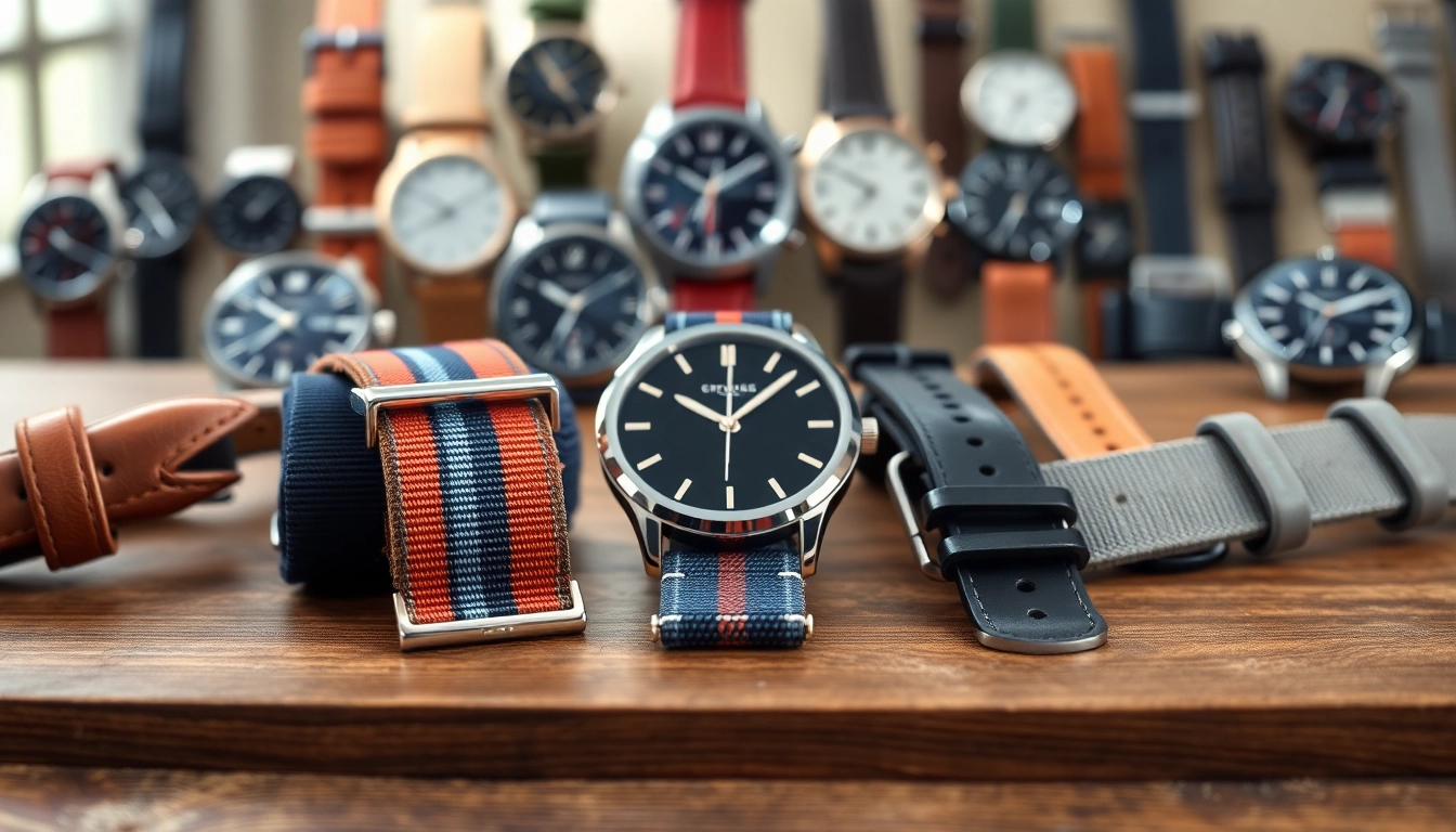 Showcase of various watch straps including leather, canvas, and rubber styles on display.