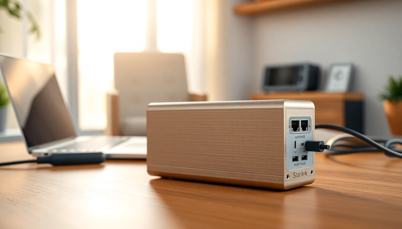 Showcasing a starlink mini 12v power supply on a wooden surface in a home office setting.