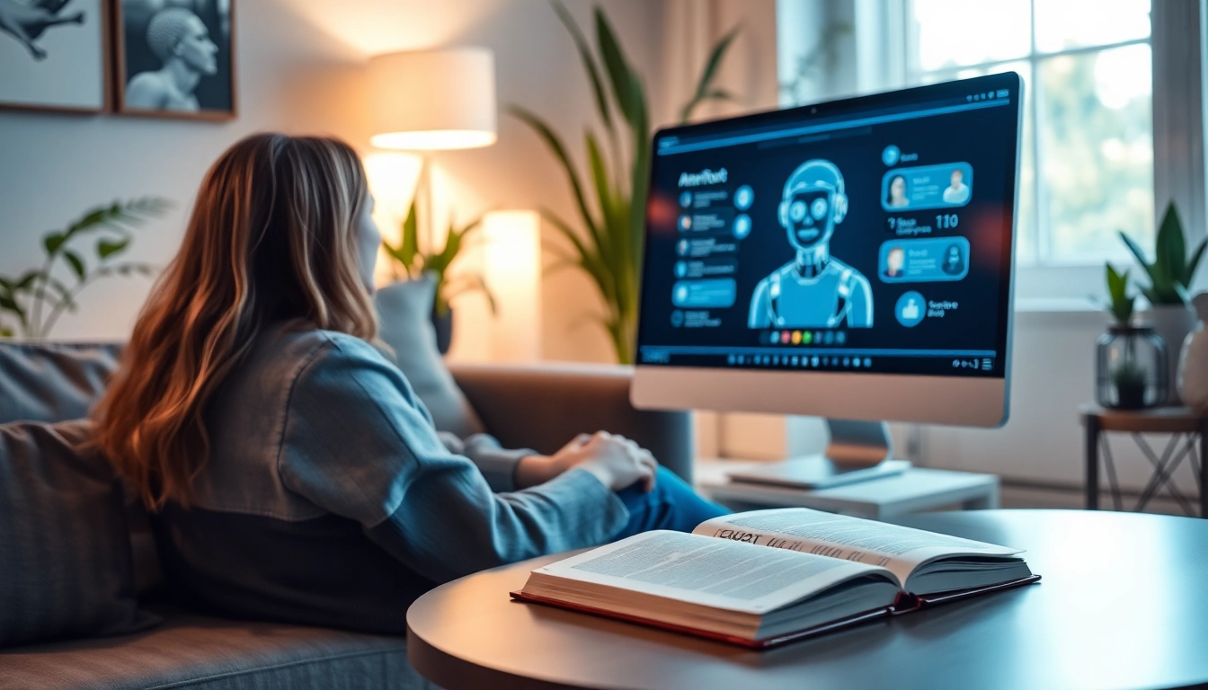 Engaging AI Therapist chatbot providing mental health support in a serene setting.