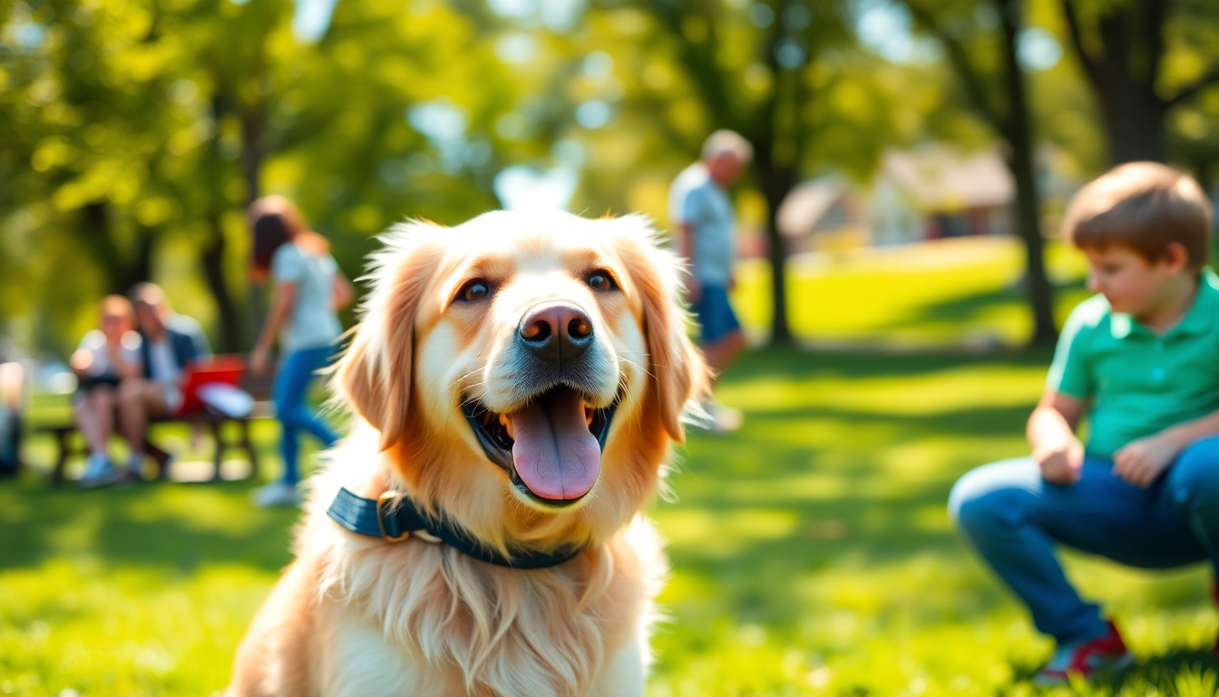 Heartwarming scene of service dogs for sale connecting with children in a sunny park.