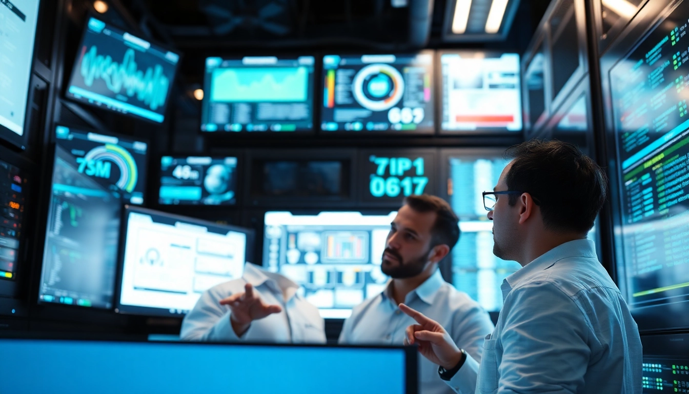 Site reliability engineering experts collaborating on system monitoring in a high-tech environment.