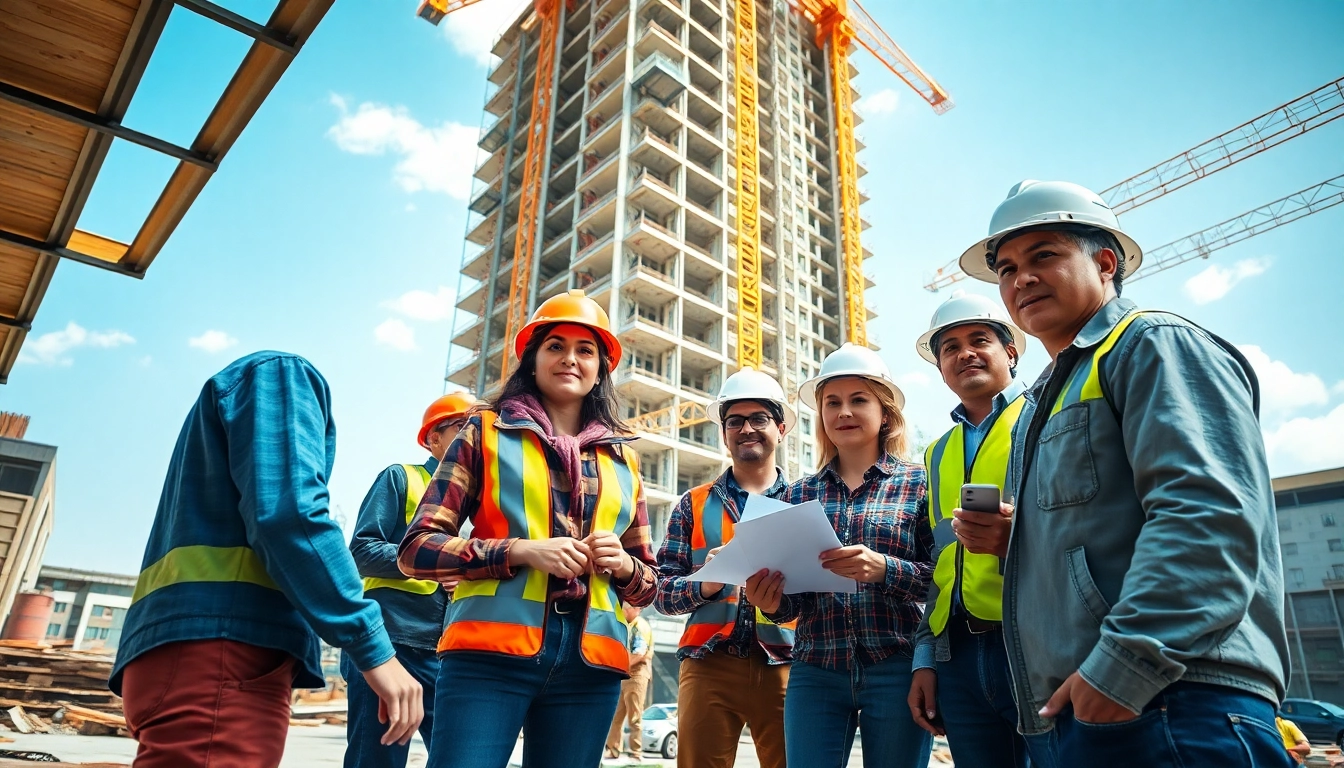 Actively engaged workers in careers in construction collaborating on a vibrant building project.