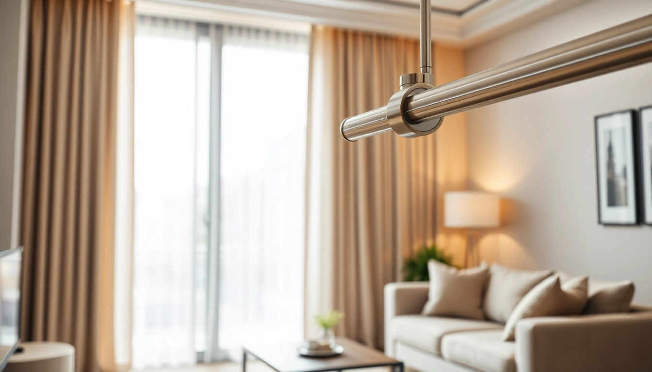 Showcasing modern curtain tracks and poles in an elegant living room setting.