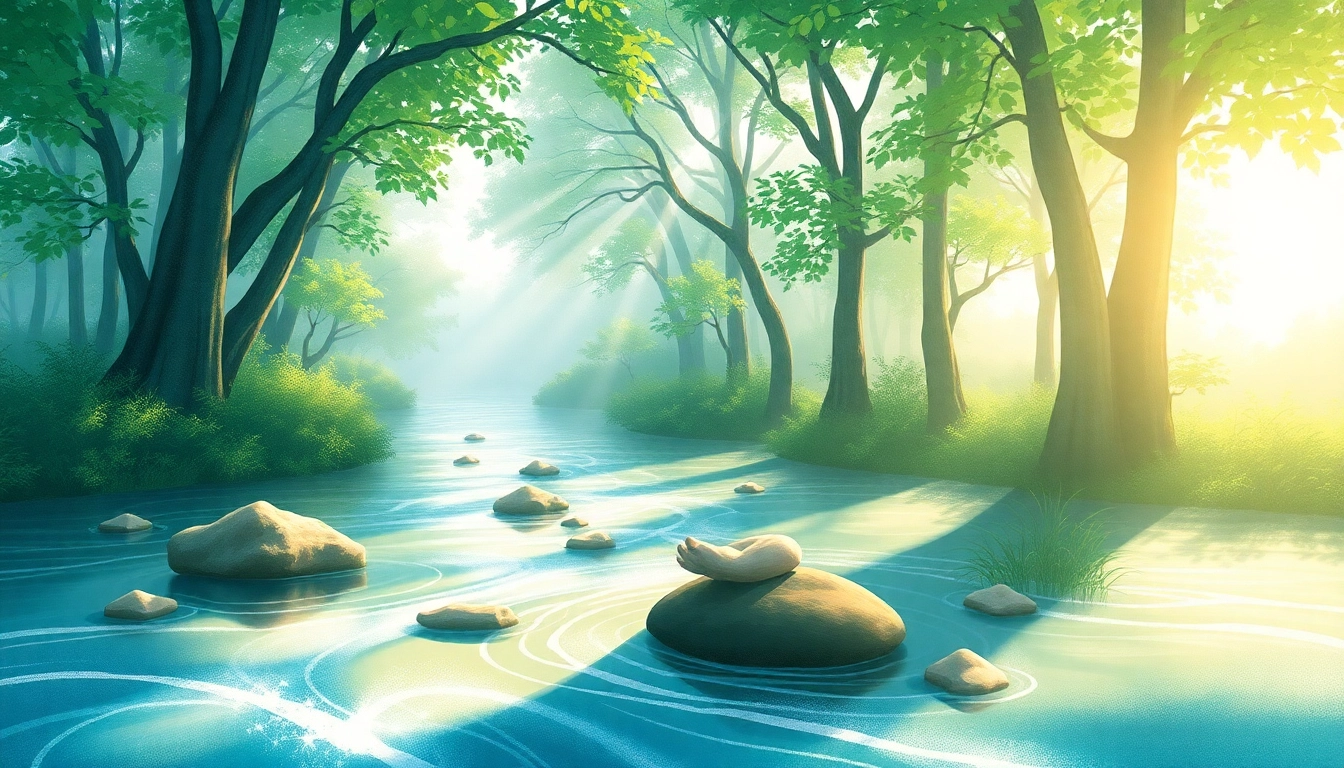 Emphasizing healing trauma through meditation in a serene, natural environment.