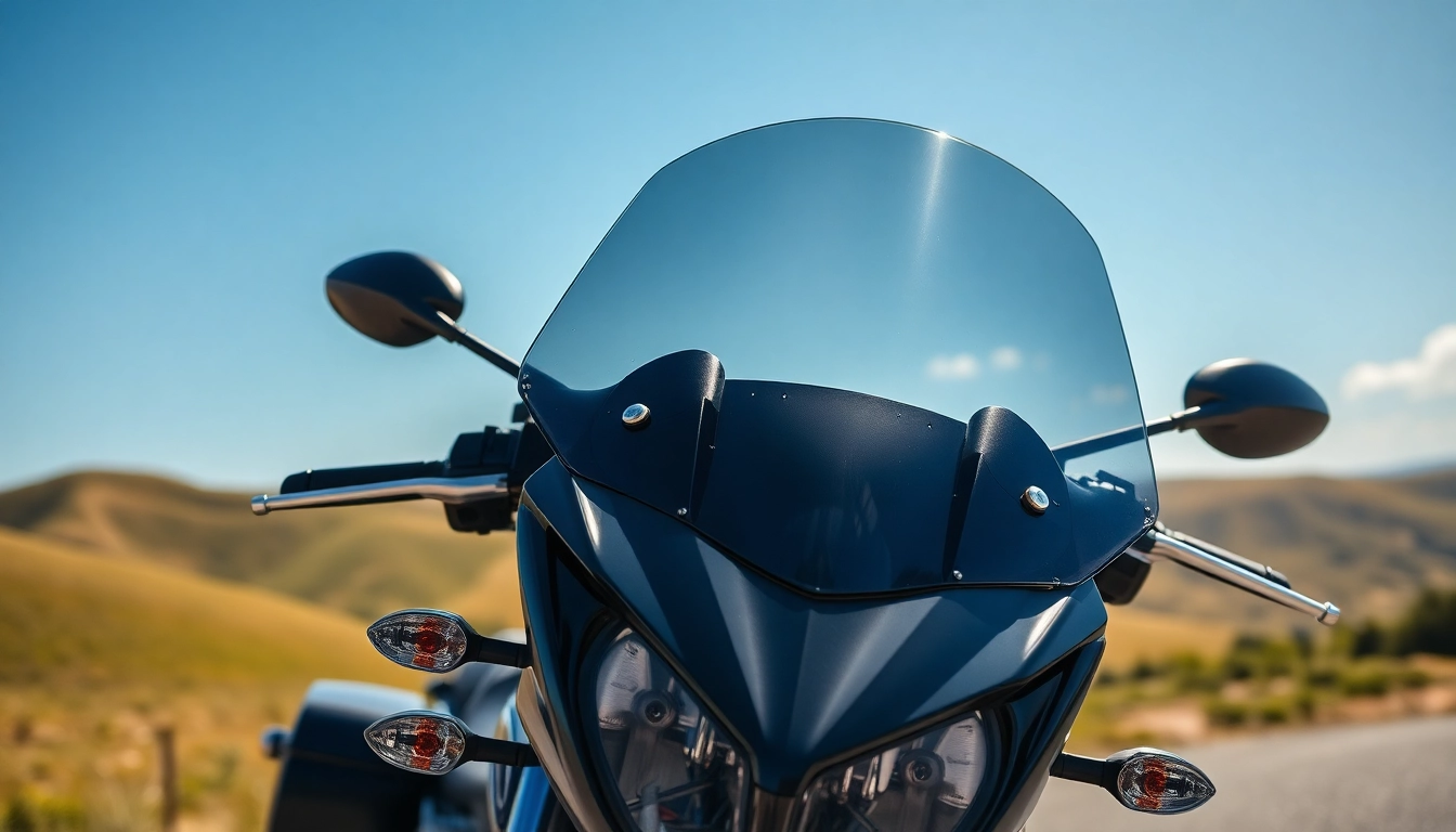 Showcasing premium motorcycle windshields on a motorcycle against a scenic backdrop.