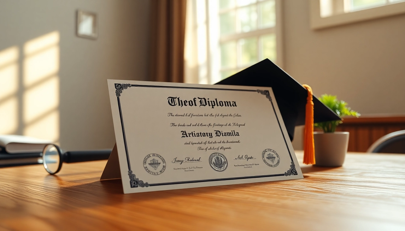 Buy a fake diploma showcased elegantly on a desk with a graduation cap and greenery.
