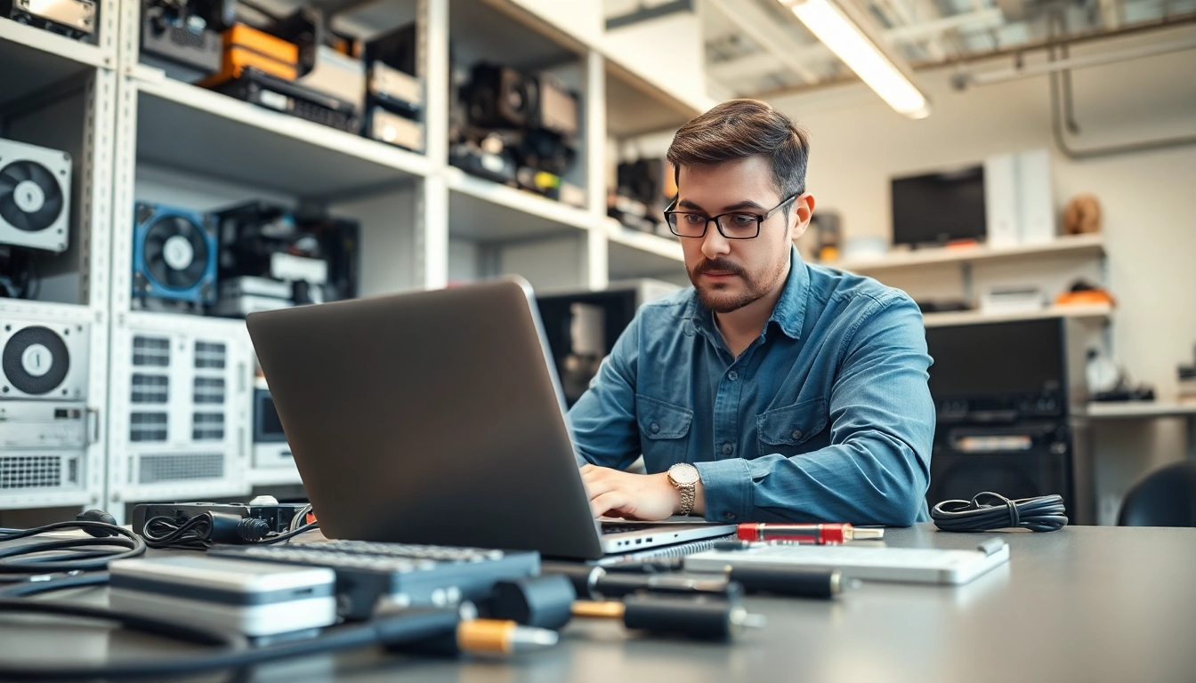 Technician performing computer repair on a laptop in a workshop with expert tools.