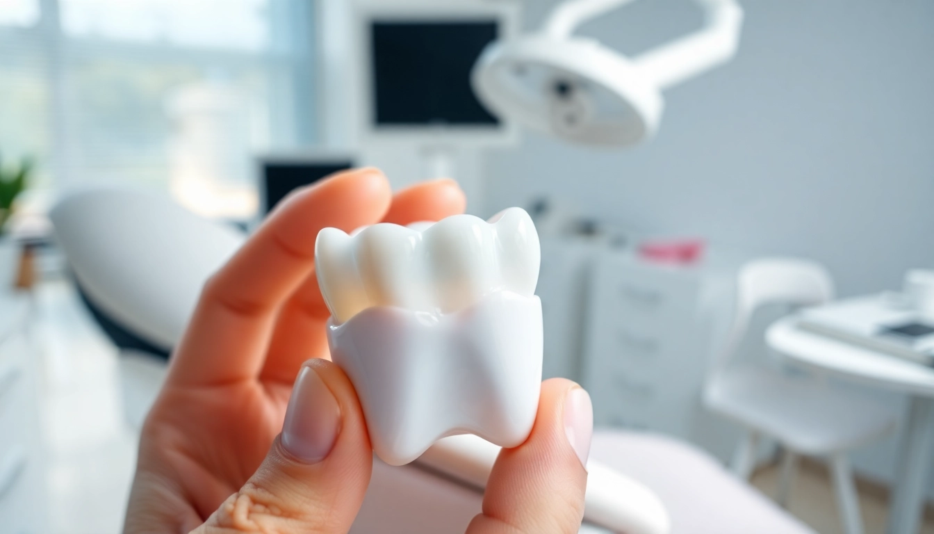 Placing dental crowns on a tooth in a modern dental clinic.