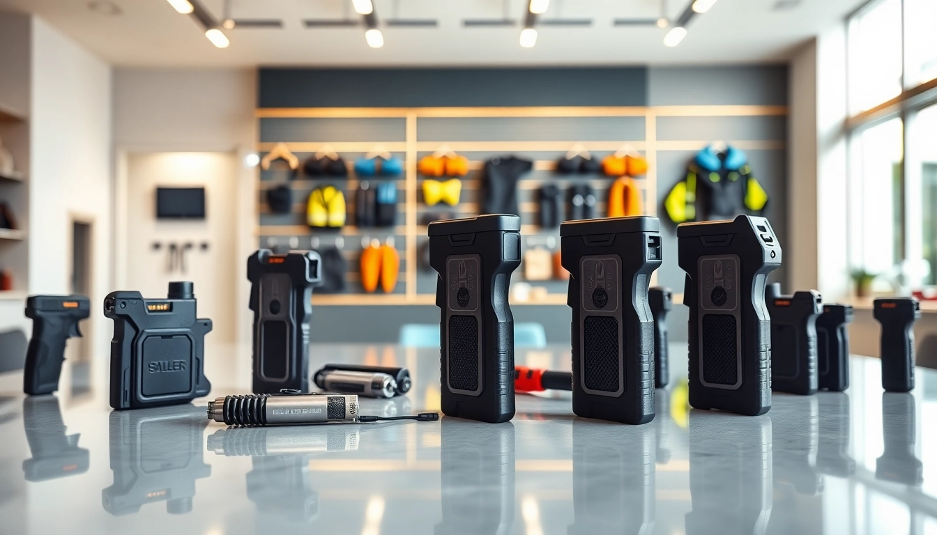 Tasers showcased in a modern showroom highlighting safety features and sleek designs.