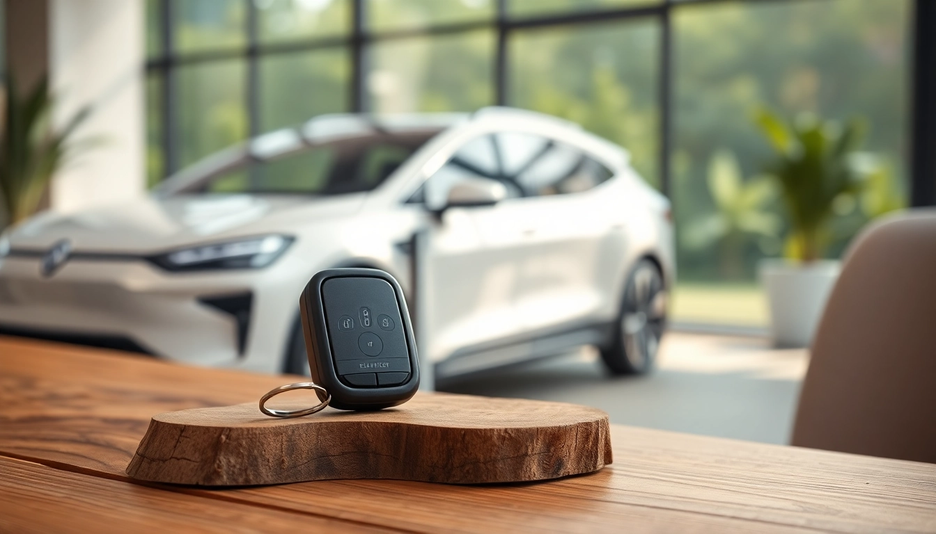 Showcasing Keys for electric cars featuring a smart key fob on a stylish wooden surface.