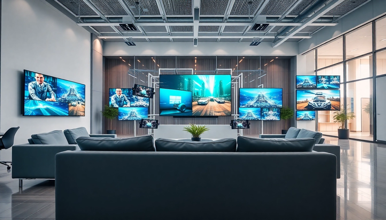 Engaging digital signage in a corporate setting showcasing dynamic content on multiple screens.