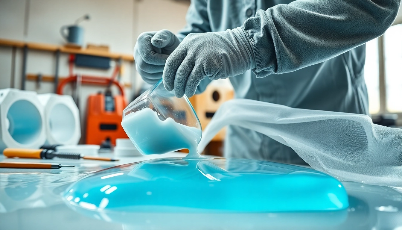 Crafting laminating resin with fiberglass in a professional workshop environment.