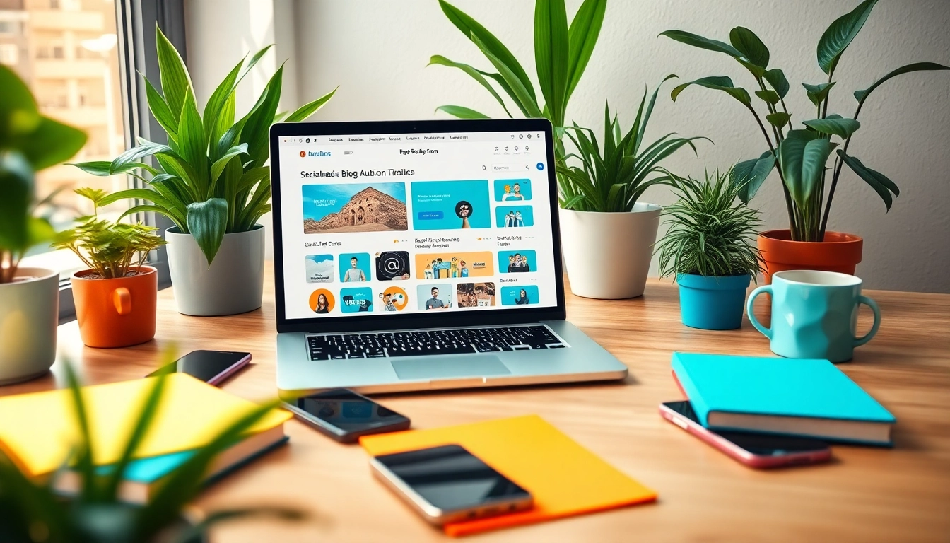 Visualizing Social media and blog automation process in a productive workspace with vibrant tools.
