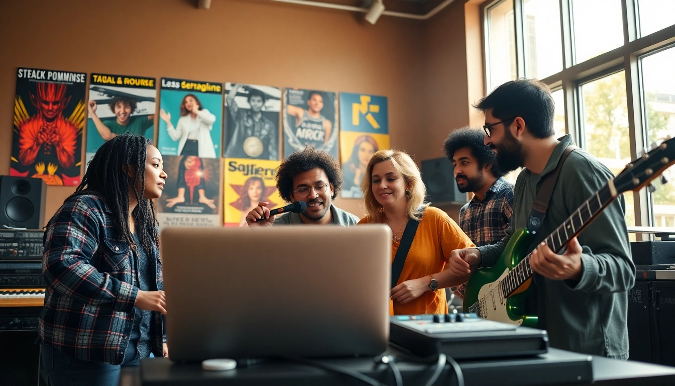Dynamic scene of music pitching with diverse artists collaborating in a creative studio.