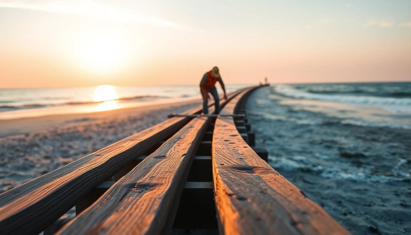 View of bulkhead installation galveston showcasing wooden beams being placed along the shoreline