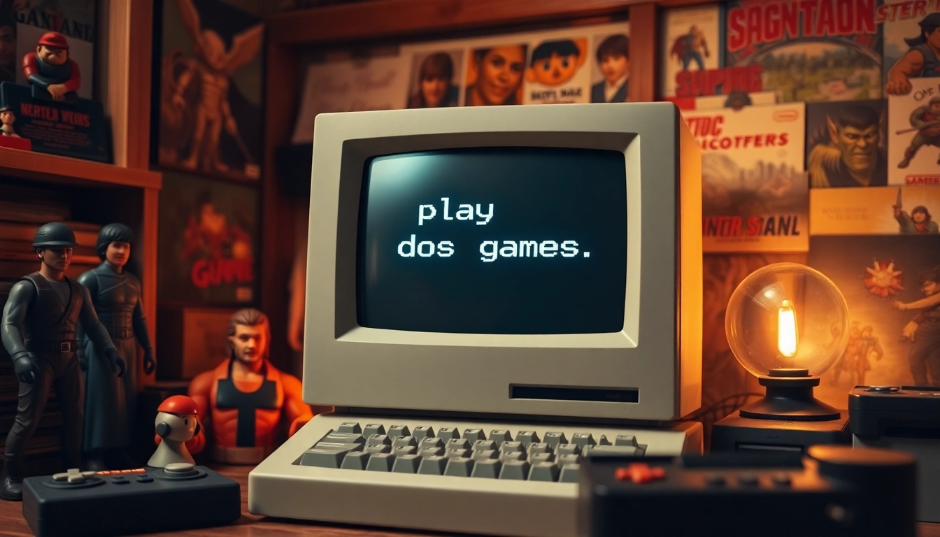 Play DOS games on a vintage computer in a nostalgic gaming setup complete with classic memorabilia.