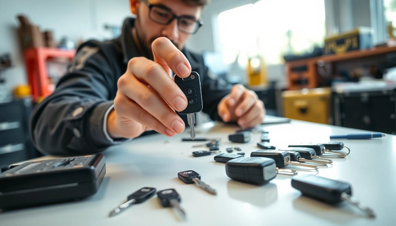 Resolve Lost Car Keys issue with a professional locksmith examining car keys in a workshop.