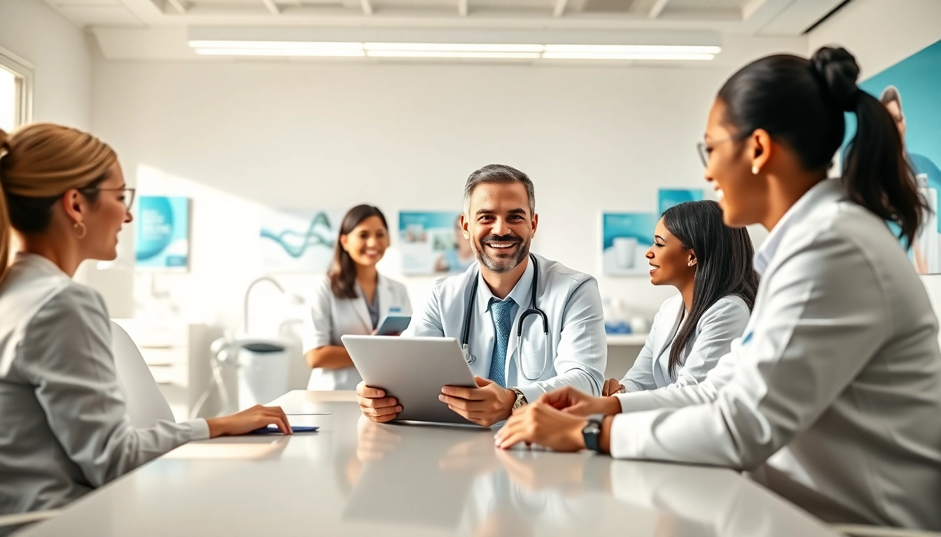 Engaging dental marketing scene with professionals planning strategies in an inviting office.