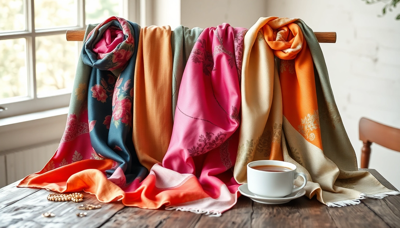 Stylish scarves displayed elegantly with rich textures and vibrant colors, showcasing their intricate designs.
