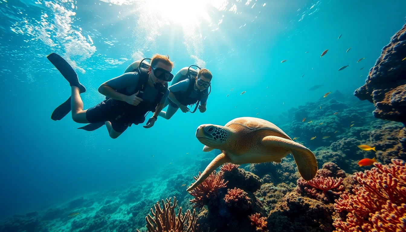 Scuba divers enjoying diving in San Pedro Belize, exploring colorful reefs and marine life.