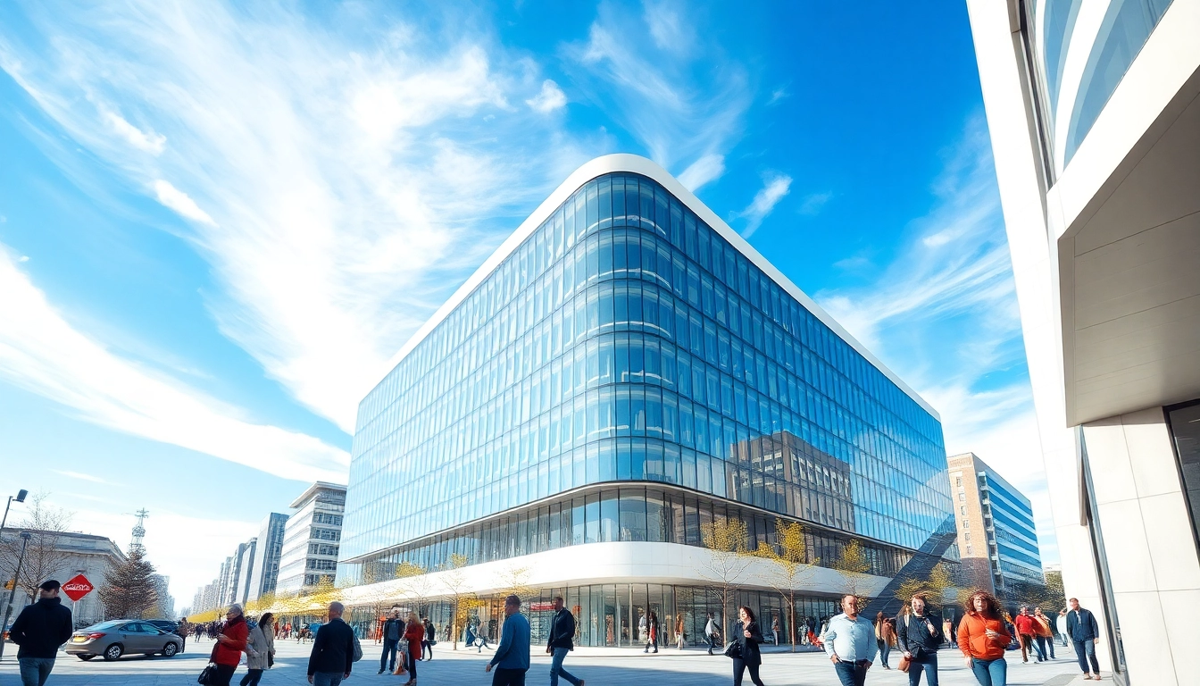 Visualisierung Architektur eines modernen Gebäudes, das in einer lebhaften Stadtlandschaft leuchtet.