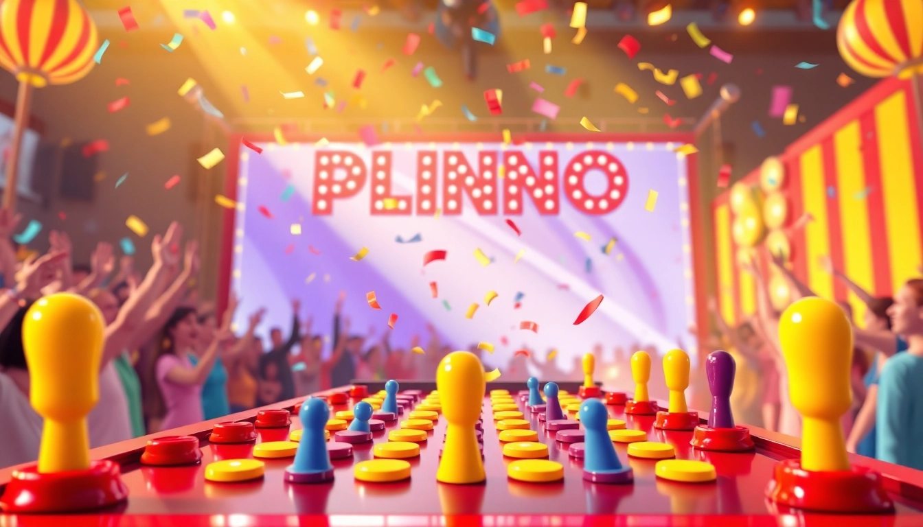 Permainan plinko yang mengasyikkan dengan papan penuh warna dan kerumunan penonton bersorak.