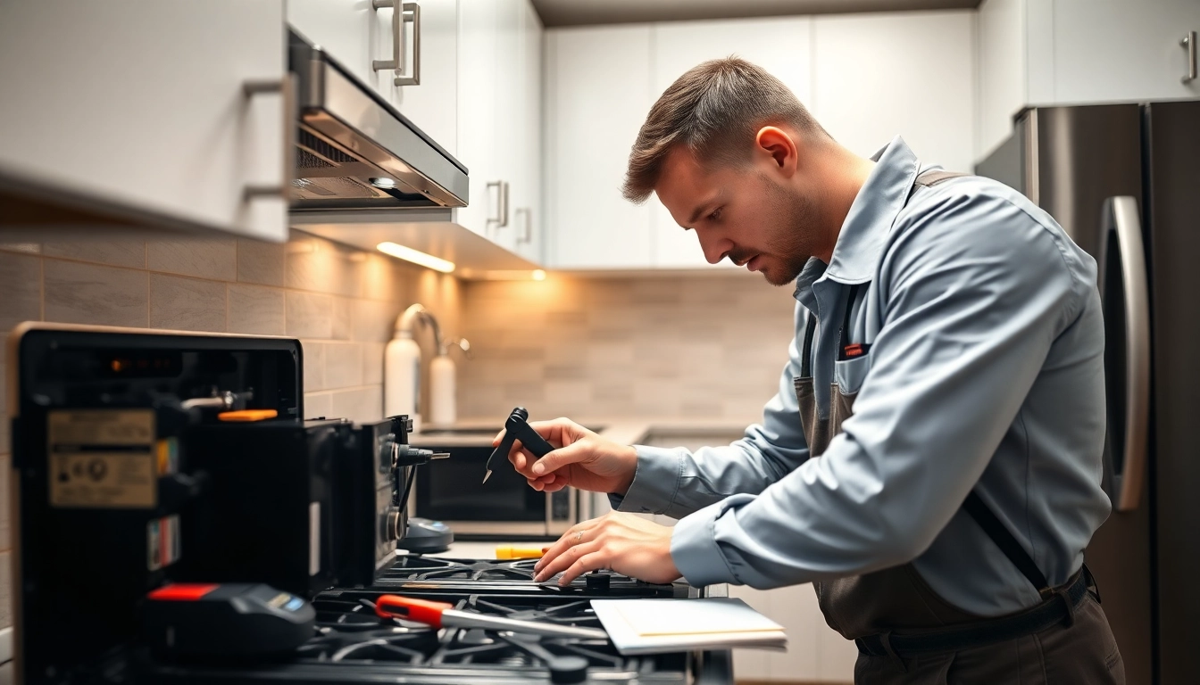 Expert technician performing stove repair halifax with precision in a bright kitchen.