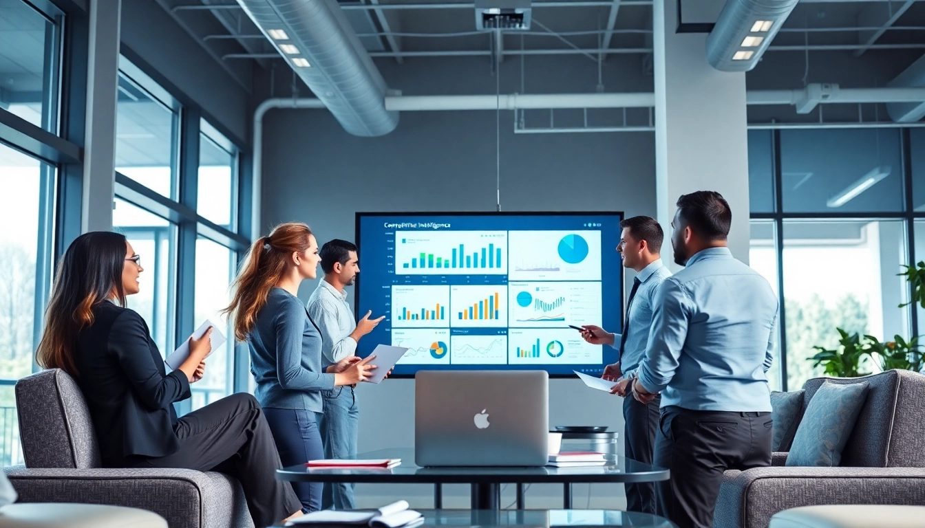 Analyze competitive intelligence data in a modern team setting with professionals collaborating.