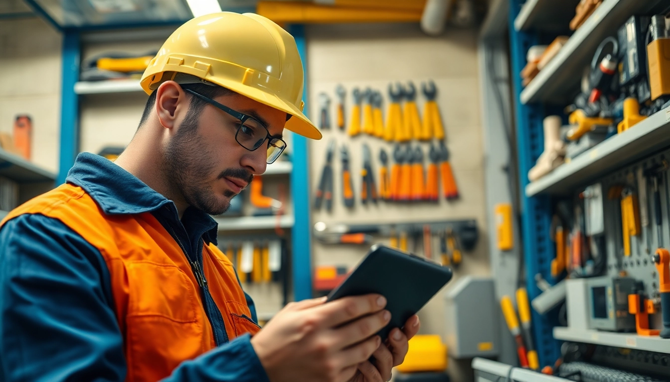 Electrician inspecting circuit board in a modern workshop filled with tools.