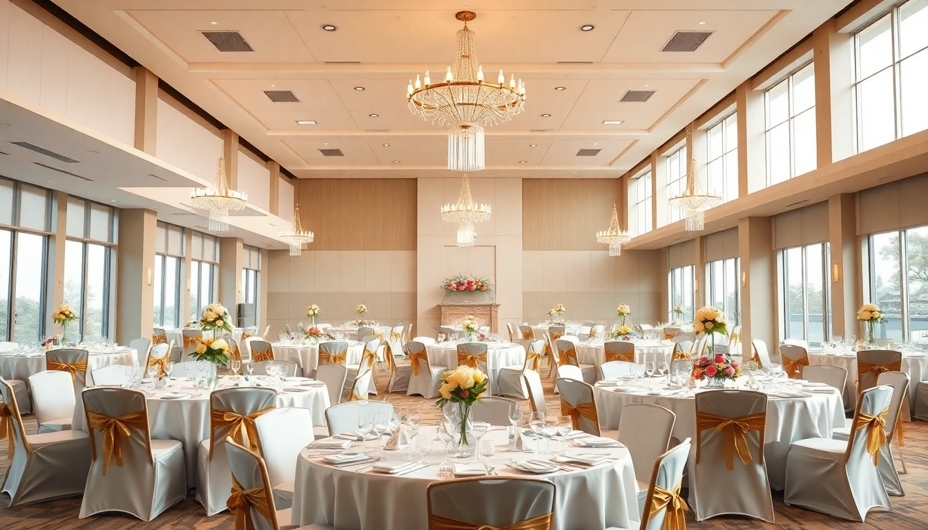 Capture the elegant setup at a trenton event center with beautifully arranged banquet tables and bright lighting.