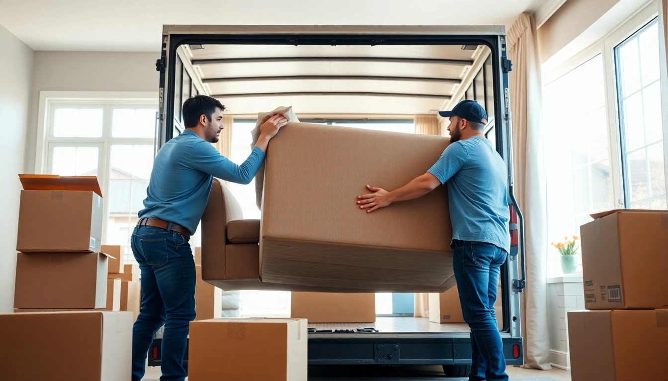 Efficient movers demonstrate Local Moving Services by lifting a couch into a truck amidst packing boxes.