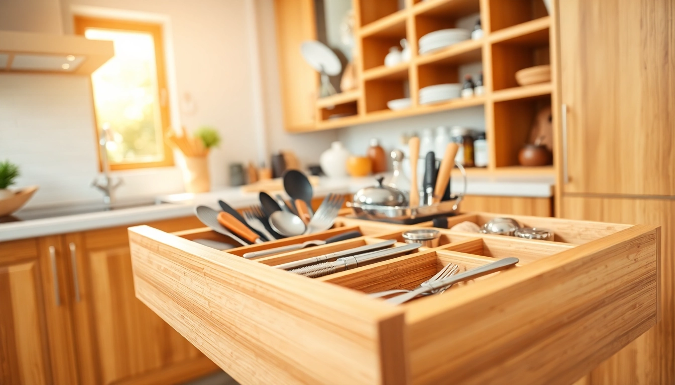 Organize your kitchen with the Bamboo Kitchen Drawer Organizer featuring neat compartments for utensils.