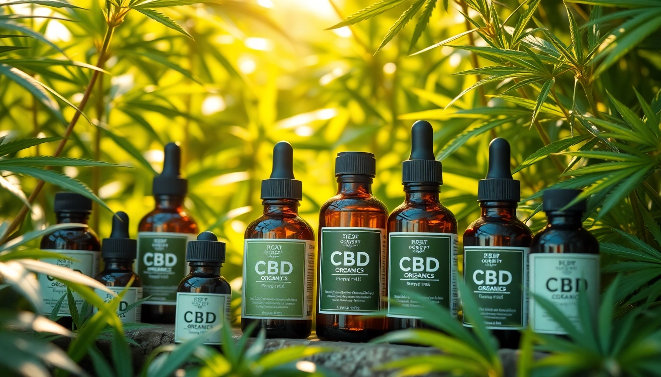 Showcase of cbd organics products in a serene, natural environment with vibrant hemp plants.