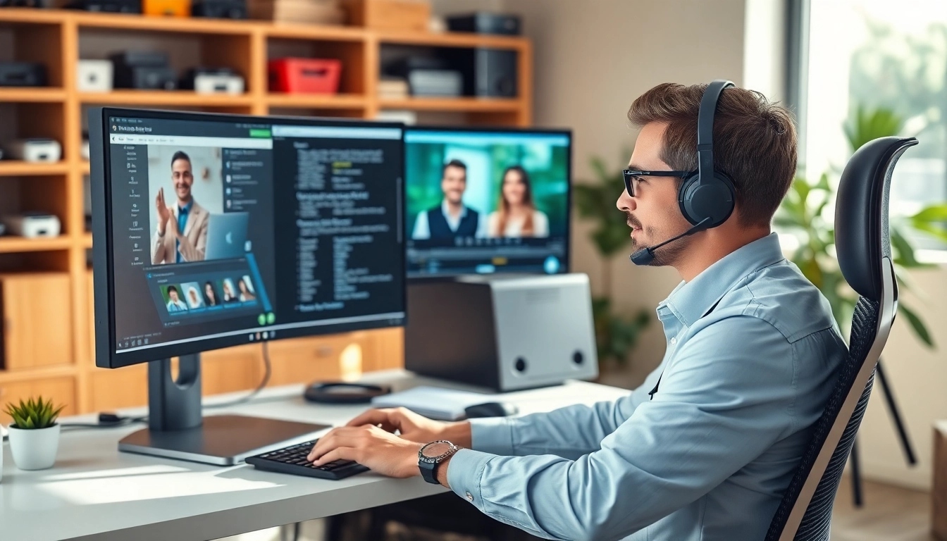 Technician offers expert computer help through video call from a modern office setup.